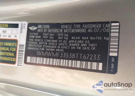 2008 Mini Cooper z USA, uszkodzony, nr VIN WMWMF33538TT67233